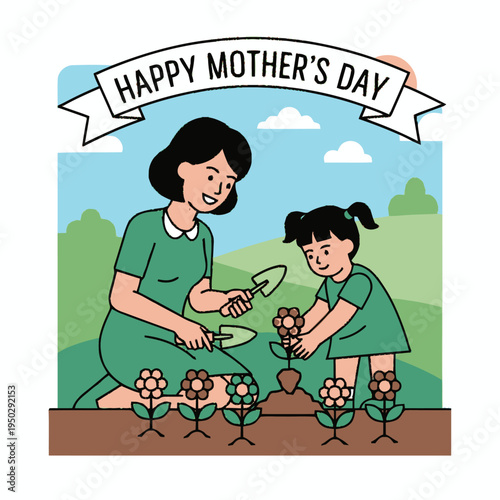 Mother and daughter happily planting flowers together in a garden on Mother's Day.