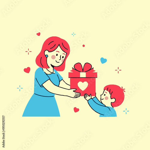 A mother happily gives a gift-wrapped present to her child, symbolizing love and celebration.