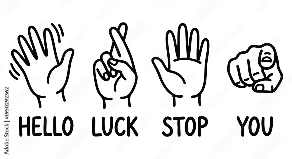 Fototapeta premium Black line art communication hand gesture icons. Crossed fingers and stop outline signs. Editable EPS vector illustration set. Pointing doodle symbols for UI web layout. 