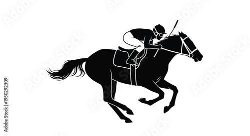 A striking black silhouette depicts a jockey riding a galloping horse showcasing power and athletic grace high quality professional