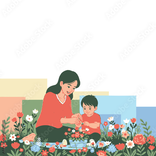 A mother and her young son are happily arranging flowers together in a vibrant garden filled with blooming plants.