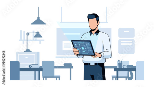 Digital Workplace: A modern office environment, streamlined and efficient, where a figure engages with a digital tablet, reflecting the technological integration within the professional world.