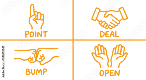 Corporate teamwork hand gesture doodle icons. Orange vector line art deal and handshake set. Editable EPS illustration layout elements. Business agreement outline symbols. 