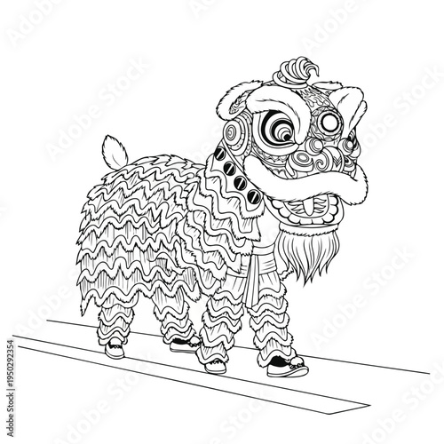 Line art lion dance performance on white background for cultural designs