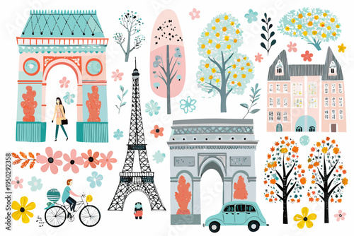 Charming illustration featuring iconic parisian landmarks and floral elements