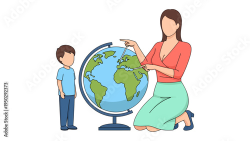 Geography Lesson Illustration: A teacher guides a young student on a captivating journey of geographical exploration, pointing at the world on a globe, sparking curiosity and knowledge.