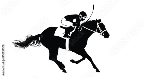 A striking black silhouette depicts a jockey riding a galloping horse in a dynamic racing pose high quality professional