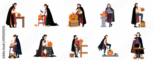 Set of characters dressed as vampires engaged in various activities like carving, painting, and harvesting Halloween pumpkins in a flat illustration style.