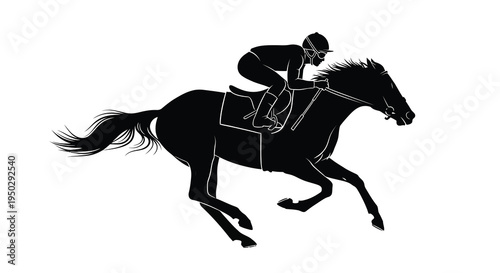 A striking black silhouette depicts a jockey skillfully riding a galloping horse in a dynamic race high quality professional