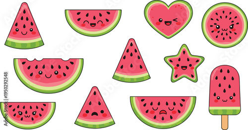 Cute watermelon cartoon vector set. Kawaii watermelon slices with funny faces. Sweet summer fruit characters and watermelon ice cream illustration.