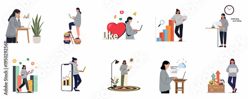 Set of flat illustrations featuring a woman professional engaged in various social media marketing, data analysis, and remote work activities.
