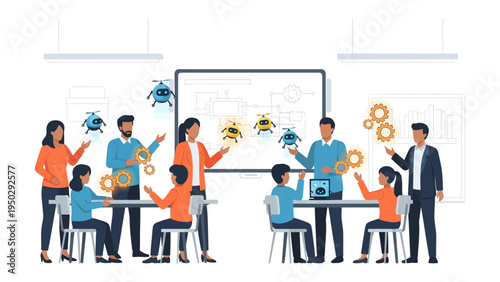Tech Collaboration and Ideas: A team of experts and enthusiasts convene, sharing insights, plans, and ideas within a technological setting and innovative development process.