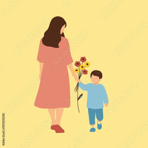 Mother and child with bouquet flowers.