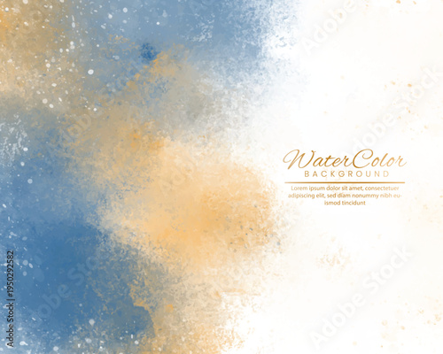 Blurry abstract image with blue orange and white hues and illegible text