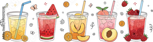 Summer fruit drinks vector set. Fresh iced beverages with watermelon, peach, raspberry and citrus flavors. Cute cocktail and smoothie illustrations.
