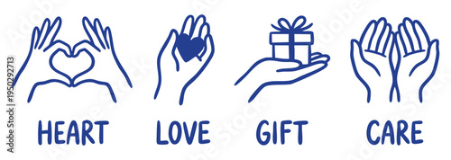 Charity and donation hand gesture icons. Blue outline UI care symbols. Hands holding a heart and gift doodle set. Flat vector EPS illustration presentation element set. 