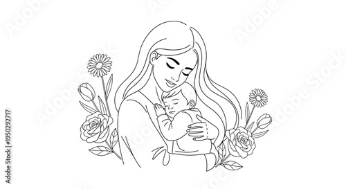 Tender illustration of a loving mother gently cradling her newborn baby, surrounded by beautiful blooming flowers, symbolizing maternal bond and peaceful sleep.