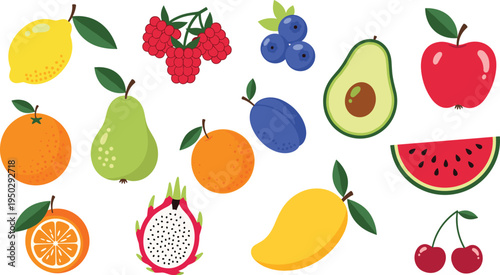 Colorful tropical fruit vector set. Fresh healthy fruits collection. Lemon, orange, pear, mango, apple, cherry, dragon fruit, avocado, watermelon and berries flat illustration.