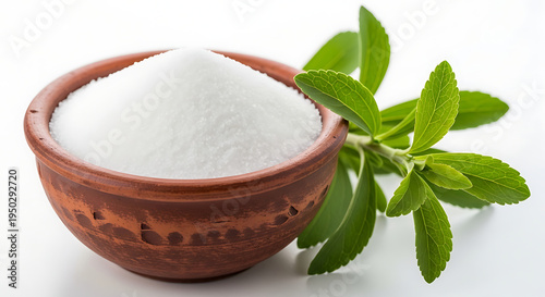 Natural stevia leaf and sugar substitute granules in a rustic clay bowl with illustrates healthy eating, natural sweeteners, and diet options, low calorie