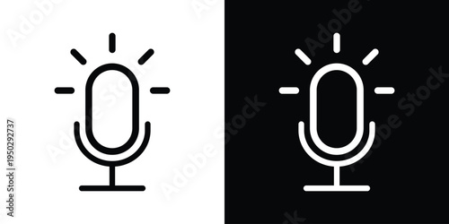 Minimalist outline microphone icon with signal rays. Vector linear design for live streaming, active voice recording, and podcasting. Modern UI element for web and mobile app interfaces.