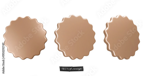 Set golden sticker, badge mockup. Blank labels of gold circle shapes with wavy edge. Vector isolated on white. Copy space. Stickers or patches for preview tags, labels, design, presentation, adv