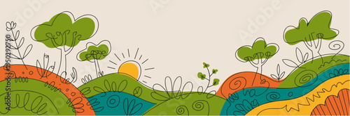 Stylized rolling hills with trees and sun in colorful line-art landscape