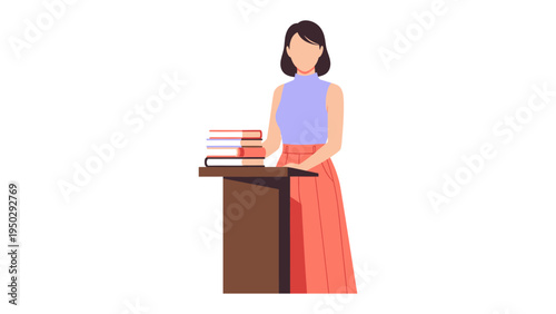 The Book's Keeper: A woman, standing behind a lectern, with a stack of knowledge in hand. The image captures education, knowledge, and learning