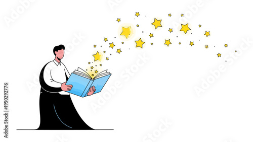 Enchanting Storyteller: A figure, lost in the world of the book, is releasing magic into the atmosphere in a captivating moment