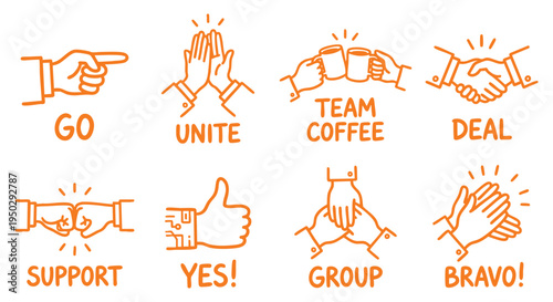 Corporate teamwork hand gesture icons. Thumbs up and high five outline set. Orange vector line art business elements. Editable EPS illustration for UI presentation layouts. 