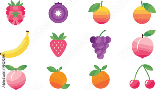 Colorful fruit icon vector set. Fresh tropical and berry fruits collection. Banana, strawberry, raspberry, grape, peach, orange and cherry flat illustrations.
