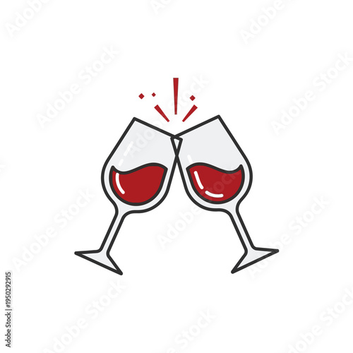 Two red wine glasses clinking for a toast, celebration, cheers, party, and happiness