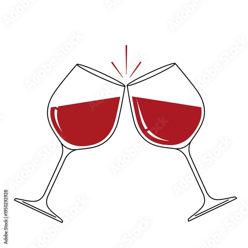 Two red wine glasses clinking in a toast, celebration, cheers, party, romantic dinner, anniversary
