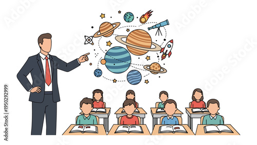 Knowledge Pursuit: A dedicated educator, engaged in an astronomy lesson, pointing to an illustrated cosmos above seated pupils, fostering curiosity and the pursuit of knowledge. 