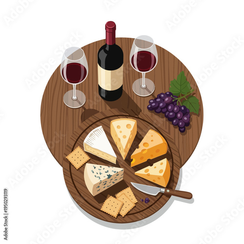 Wine and cheese platter with grapes, crackers, and glasses on a wooden table