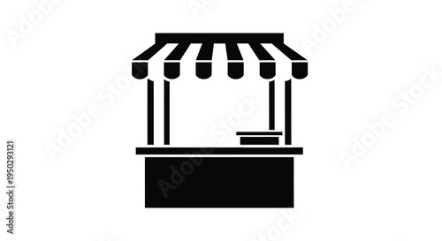 A simple black and white illustration depicts a market stall or vendor booth with a striped awning high quality