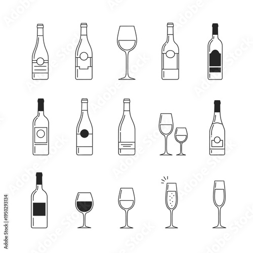 Wine Bottles and Glasses Icons Set: Vector Illustration