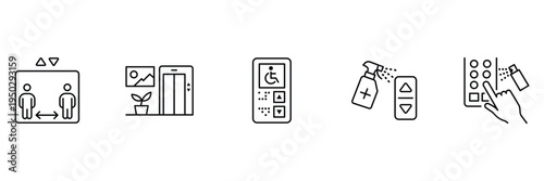 Elevator hygiene and accessibility icon set featuring social distancing sanitizing spray braille buttons and disabled person lift vector illustration.