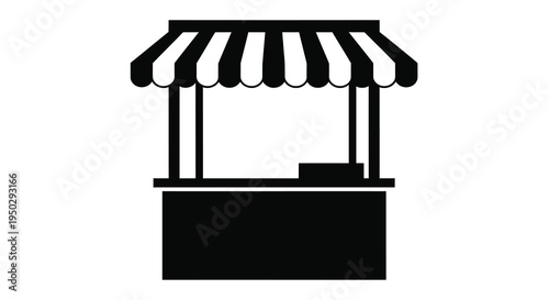 A simple black and white illustration depicts a market stall with a striped awning suggesting retail or commerce