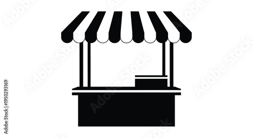 A simplified black and white illustration depicts a vendor stall likely for market goods or food services with a striped awning