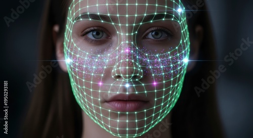 Womans face illuminated by futuristic facial recognition grid
