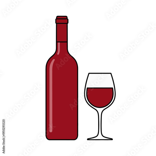 Red Wine Bottle and Glass Icon, Simple Flat Design