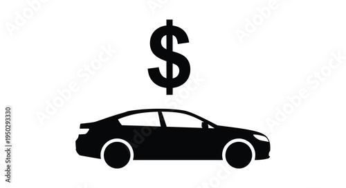 A stark black silhouette depicts a modern sedan automobile positioned beneath a prominent dollar sign symbol high quality professional