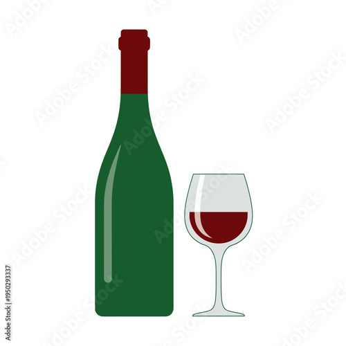 Green wine bottle and glass of red wine, isolated on white background