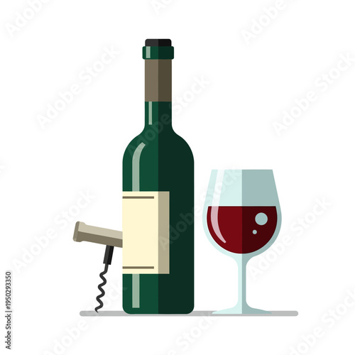 Red Wine Bottle, Glass, and Corkscrew on White Background - Flat Design