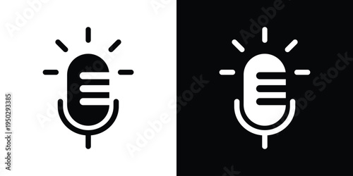 Professional bold microphone icon with signal lines. Flat vector symbol for radio broadcasting, live recording, and music production. High-contrast design for digital audio interfaces.
