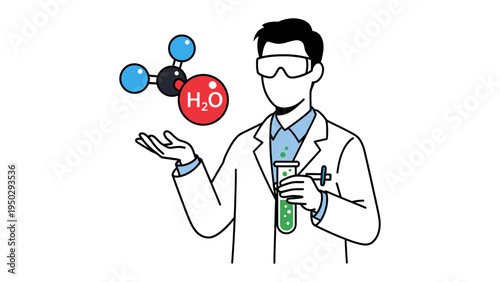 Scientist conducting an experiment: A scientist in a lab coat and safety glasses is shown, holding a test tube with a green solution and displaying a molecular structure.