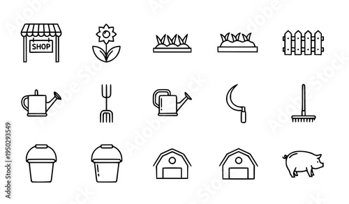Thin line agriculture and gardening icon collection with tools flower barn bucket and sow vector