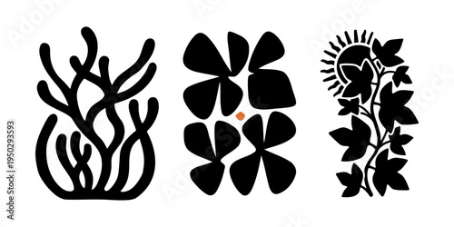 Abstract black organic shapes and sun rays in cutout style illustration