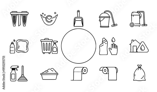 Thin line sanitation and cleaning service icon pack with vacuum cleaner bucket plunger and garbage vector