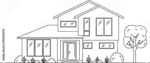 Contemporary residential dwelling rendered in crisp black and white line art depicting modern architectural design and domestic living for real estate concepts